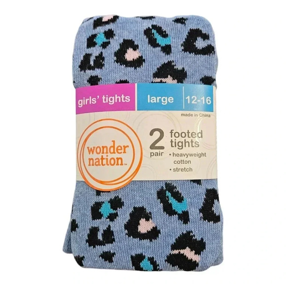 Girls Large 12-16 Blue Leopard Print and 80s Purple Tights Set of 2 - Picture 1 of 5
